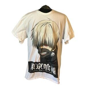 Tokyo Ghoul Men’s Large T-Shirt - Giant Ghoul Face Over Kanji Image